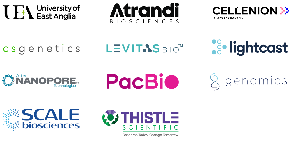 Logos of sponsors the Norwich Single Cell symposium: UEA, Atrandi Biosciences, Cellenion, CS Genetics, LevitasBio, Lightcast, PacBio, S2Genomics, Scale Biosciences and Thistle Scientific.