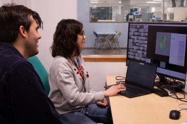 James and Sonia viewing megakaryocytes on screen imaged by the spectral cell sorter