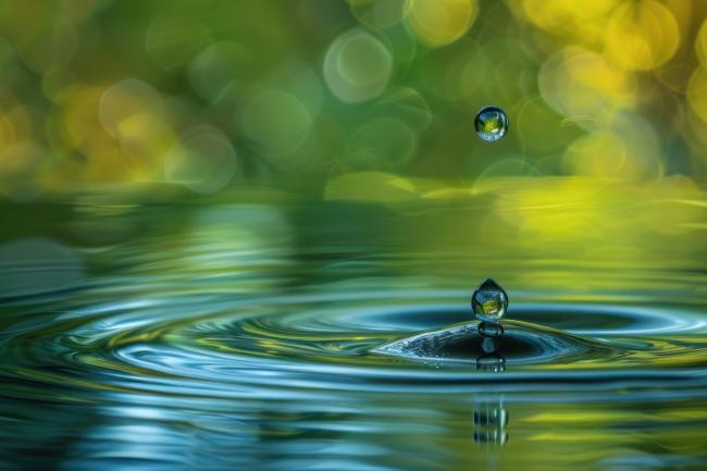 Macro photo of a droplet of water hitting water with blurred green background.