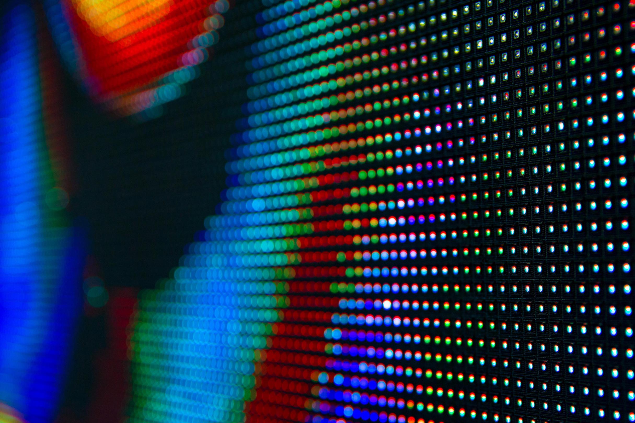 Close up image of led dots reflecting abstract pattern in multicolour