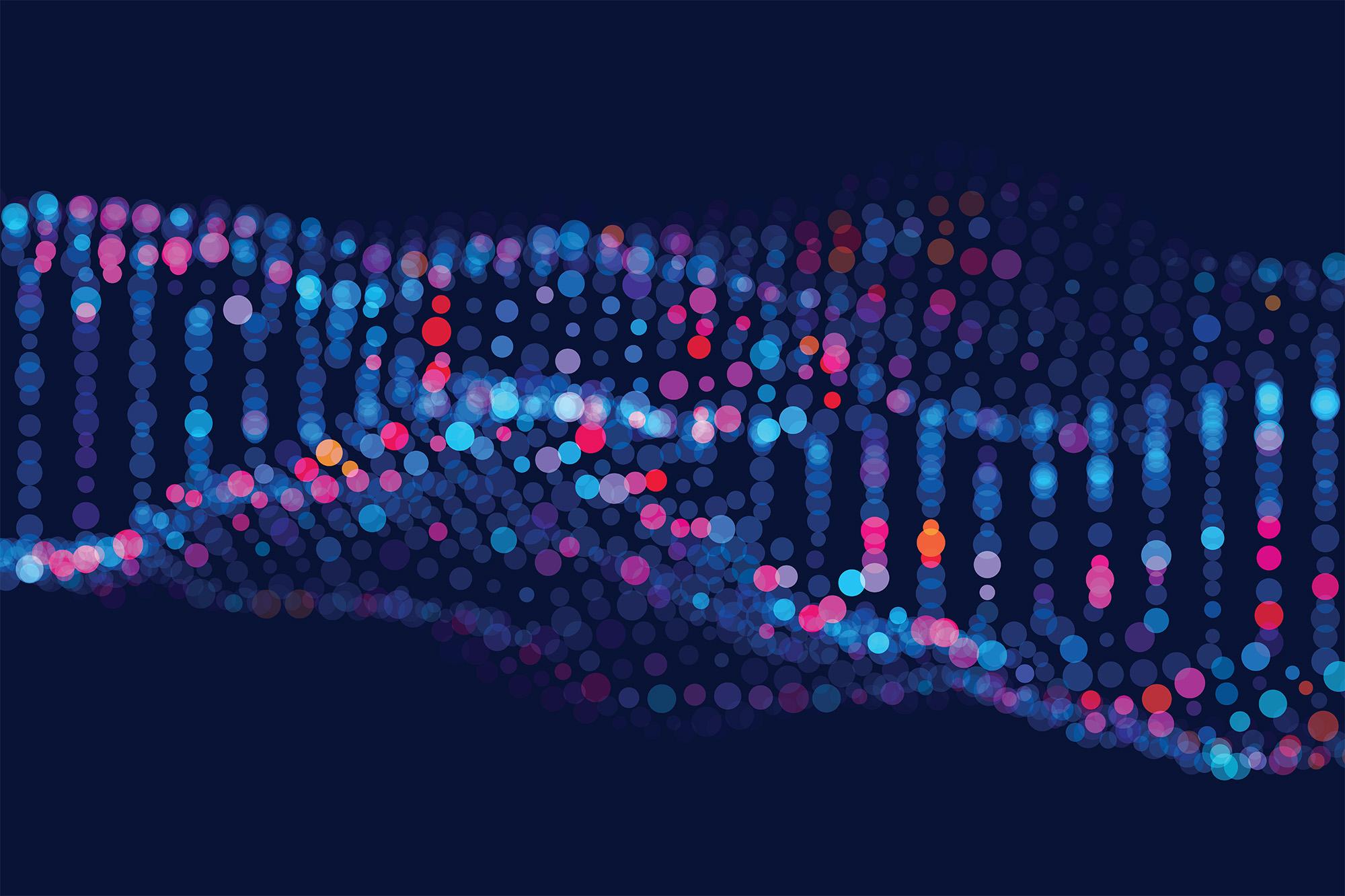 Blurred colourful dots in an abstract double helix shape representing DNA